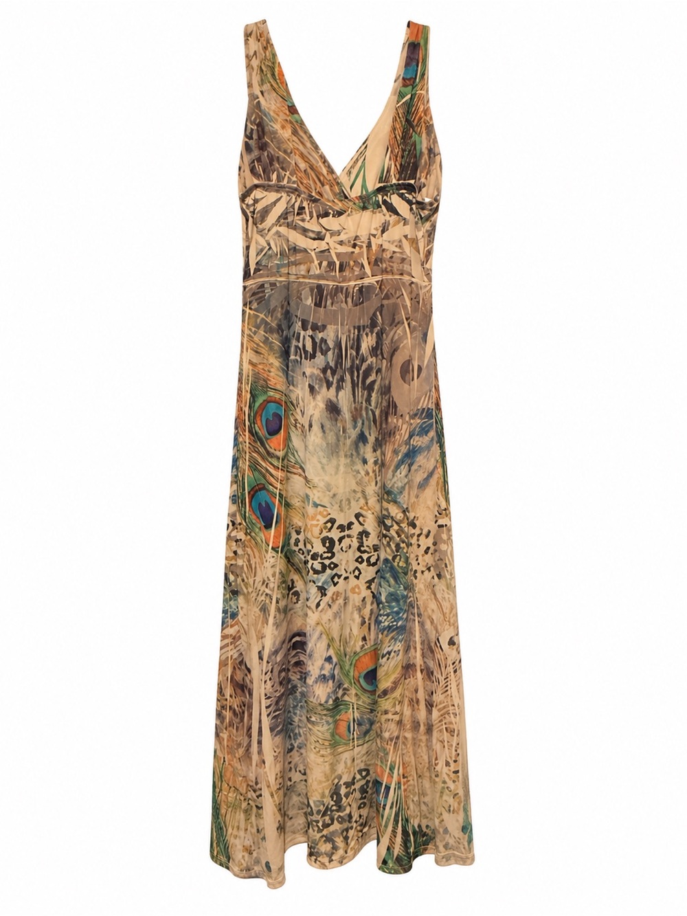 Unlisted Beige Maxi Dress with Peacock Feather Print